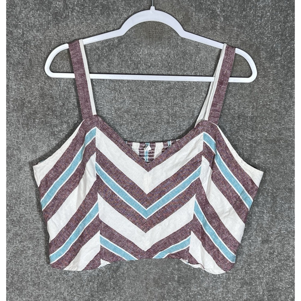 BP. Linen Blend Crop Tank Top Womens Size 1X Burgundy Blue Striped Smocked Back